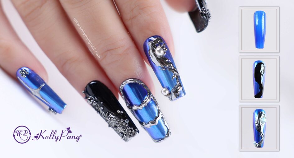 Cách Vẽ Nail Xanh Biển Tráng Gương Bạc Sang Trọng