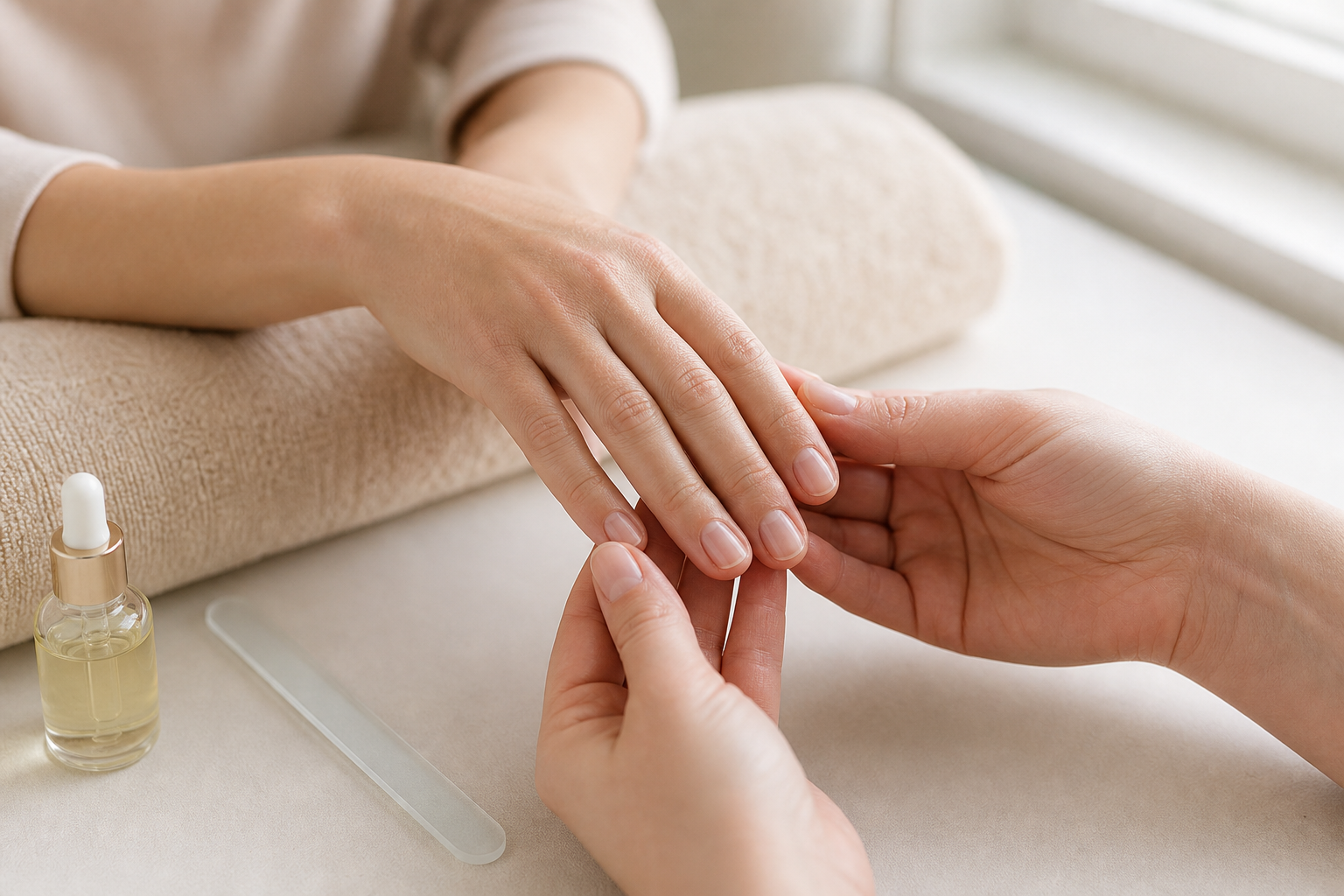 Cận cảnh móng tay tự nhiên hơi khô giòn được quan sát nhẹ nhàng trong không gian chăm sóc móng sạch đẹp