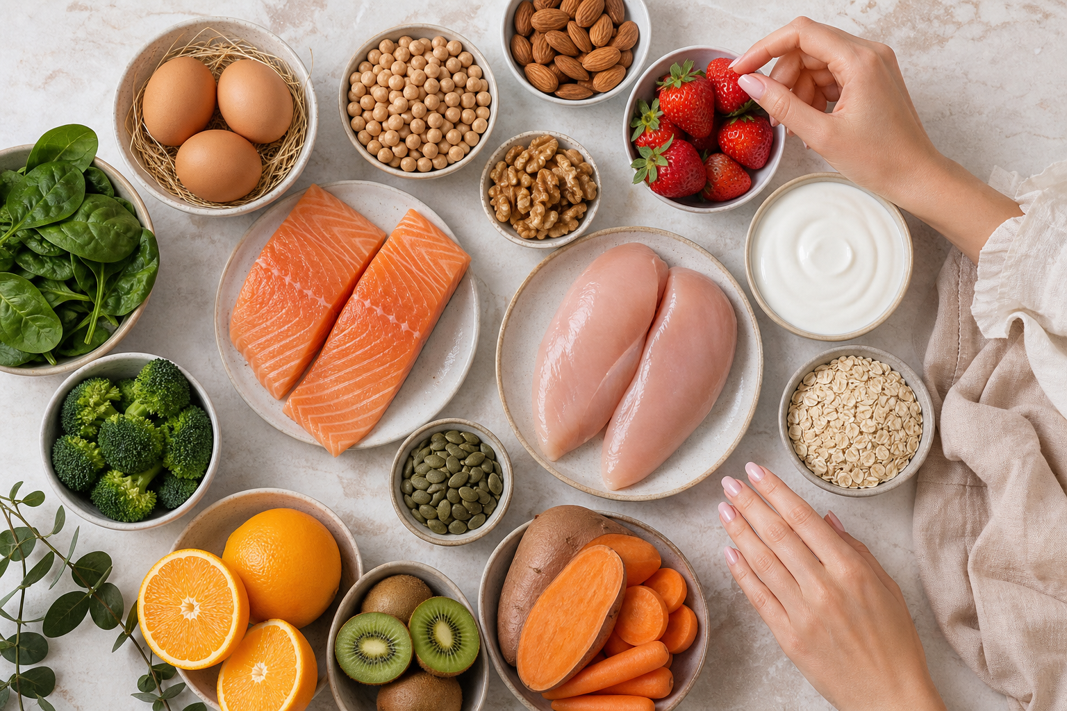 Flat lay các thực phẩm tốt cho móng tay gồm trứng, cá hồi, hạt, rau xanh, trái cây vitamin C, khoai lang, sữa chua và yến mạch