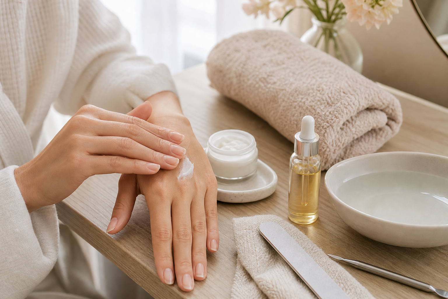 Quy trình dưỡng móng tại nhà với kem dưỡng tay, dầu dưỡng biểu bì và dũa móng