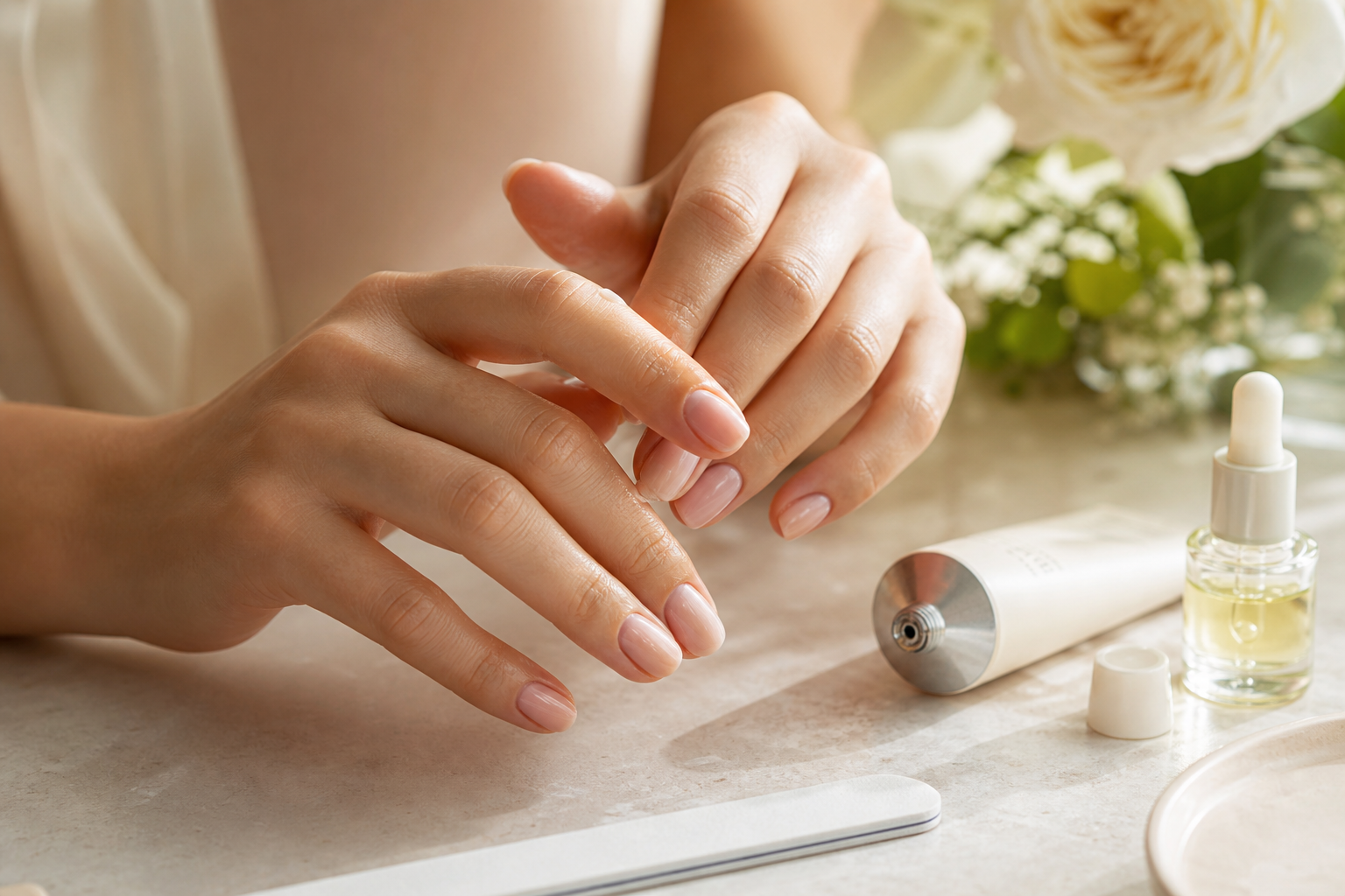 Dưỡng ẩm móng và da quanh móng bằng dầu dưỡng trong quy trình chăm sóc tại nhà