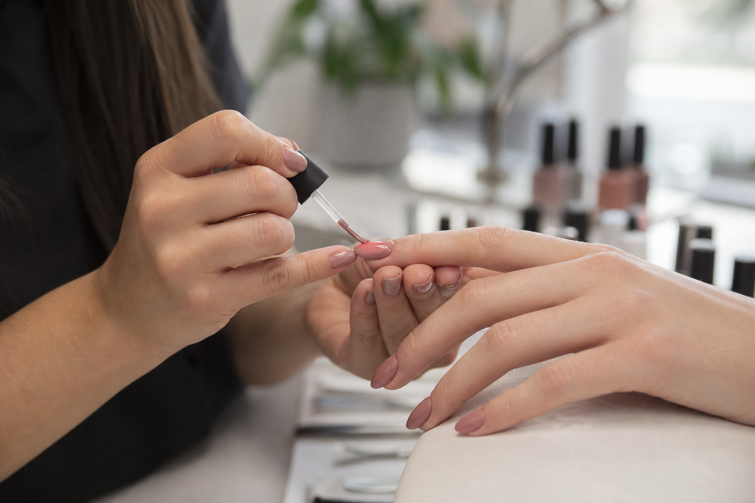 Kỹ thuật viên sơn lớp gel mỏng đều giúp màu móng bền đẹp hơn