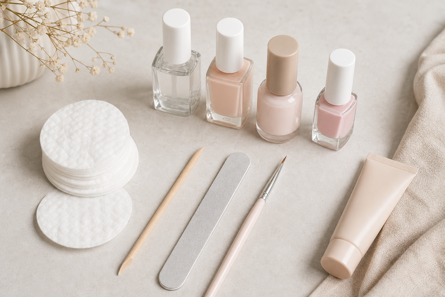 Dụng cụ cơ bản để tự làm nail tại nhà gồm sơn dưỡng, sơn màu, dũa móng và cọ vẽ