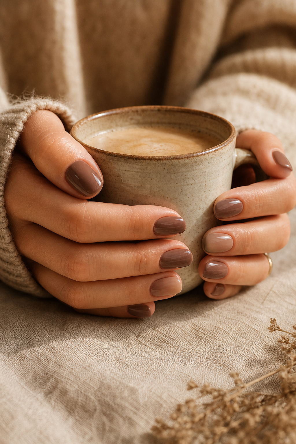 Móng tay màu nâu latte bóng nhẹ với hiệu ứng ombre tinh tế cho mùa thu