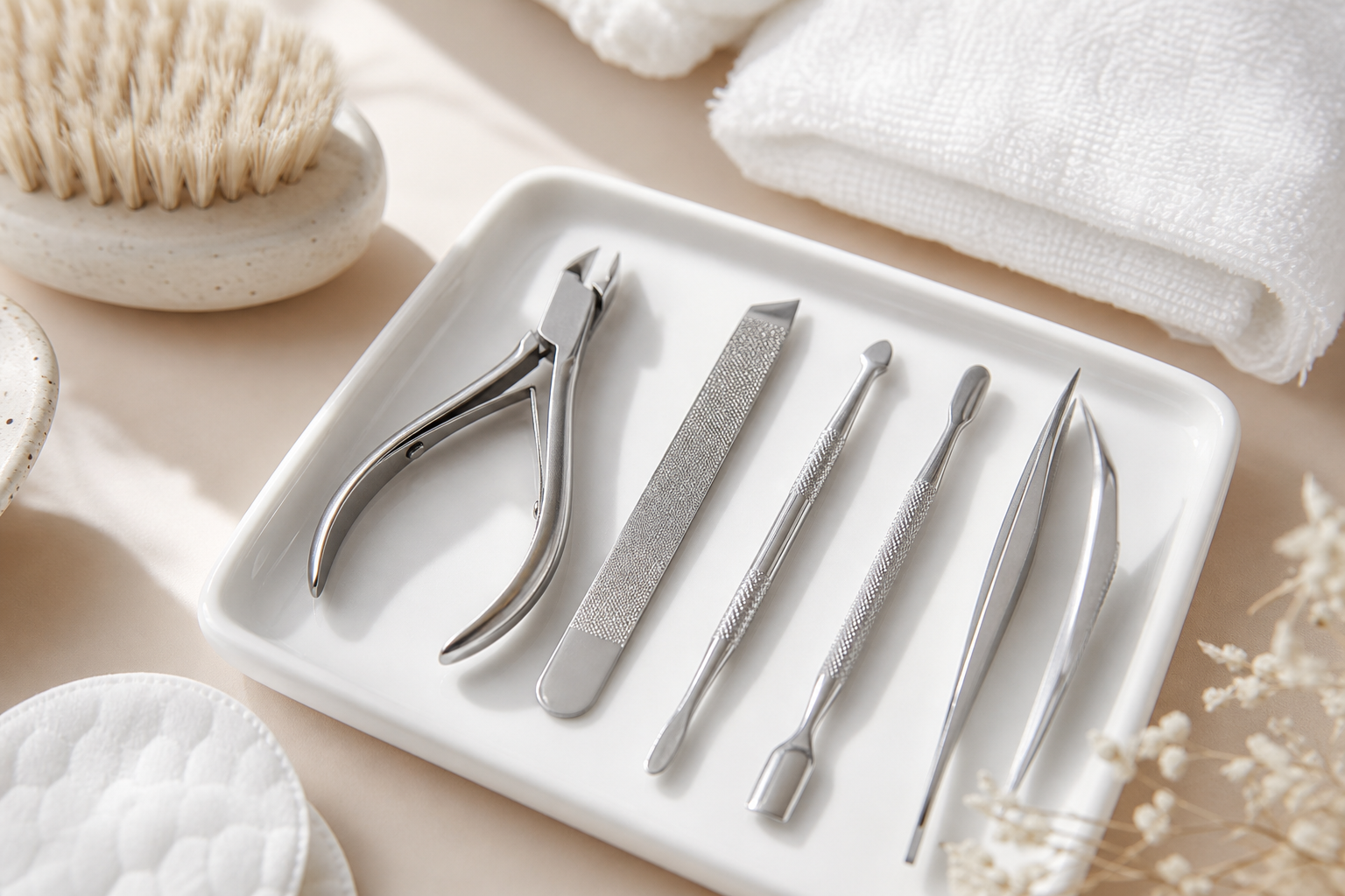 Dụng cụ kim loại làm nail sạch đặt trên khay cùng khăn và bàn chải vệ sinh