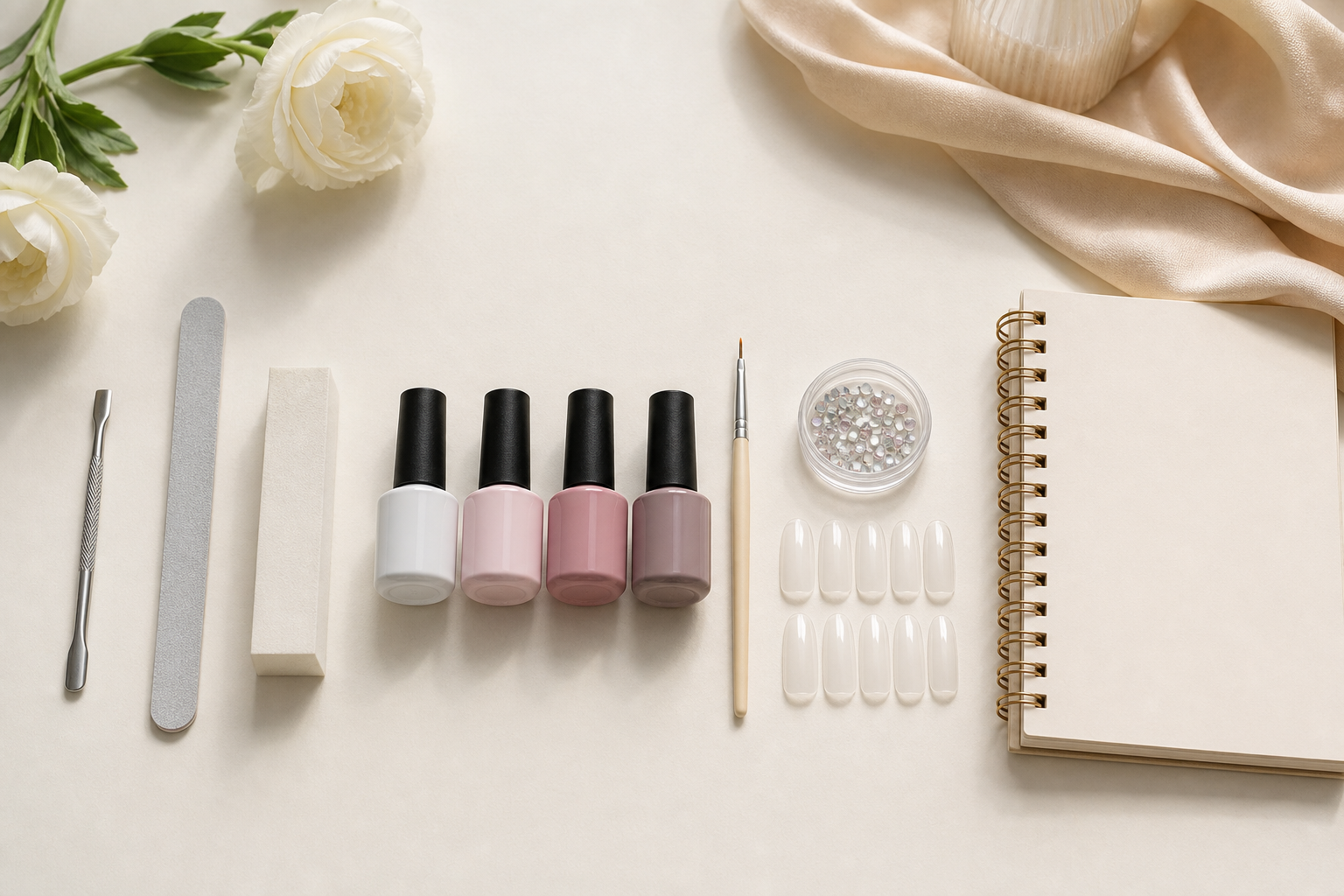 Bố cục dụng cụ nail được sắp xếp gọn gàng thể hiện lộ trình học nghề nail cho người mới