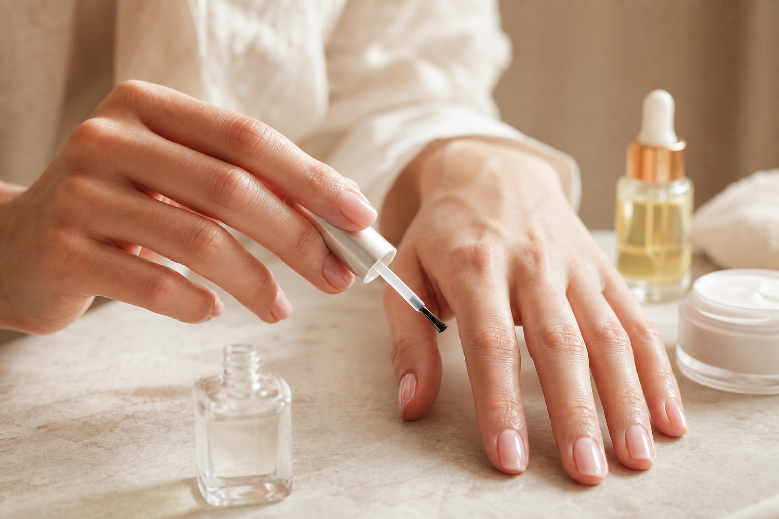 Phủ sơn bóng và dưỡng da quanh móng để bộ nail tự làm bền đẹp hơn