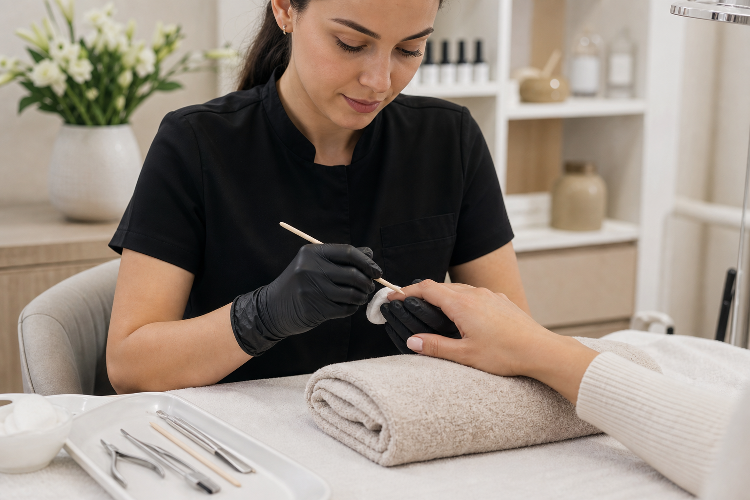 Thợ nail dừng dịch vụ và làm sạch nhẹ vùng da quanh móng khi khách thấy khó chịu