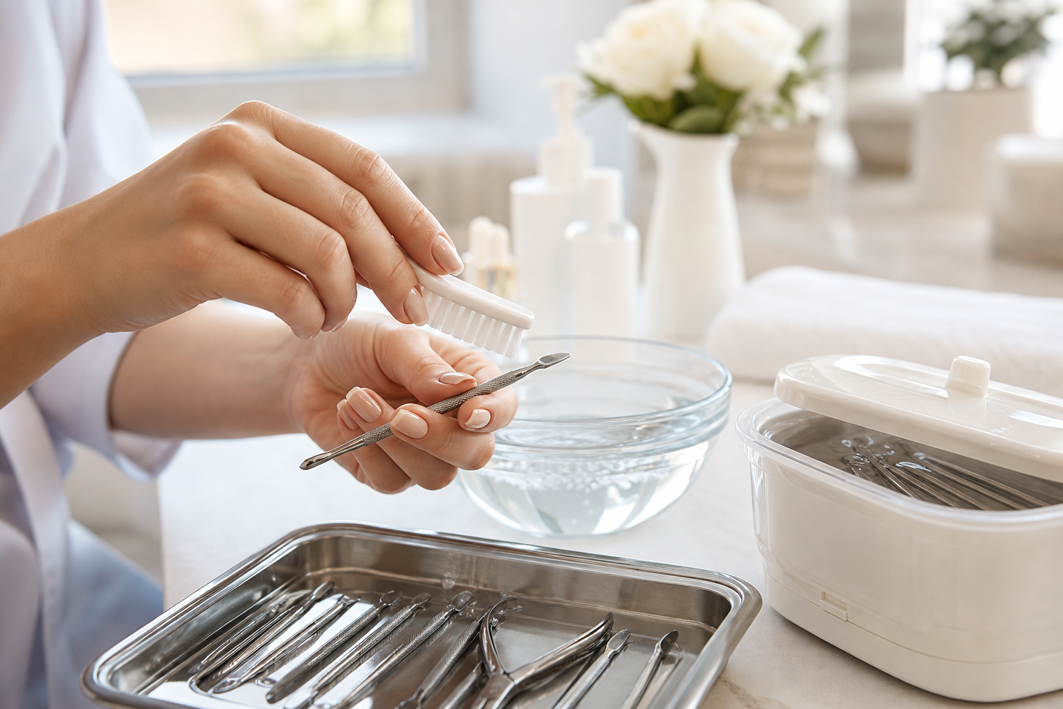 Thợ nail vệ sinh dụng cụ kim loại bằng bàn chải mềm trong quy trình làm sạch chuyên nghiệp