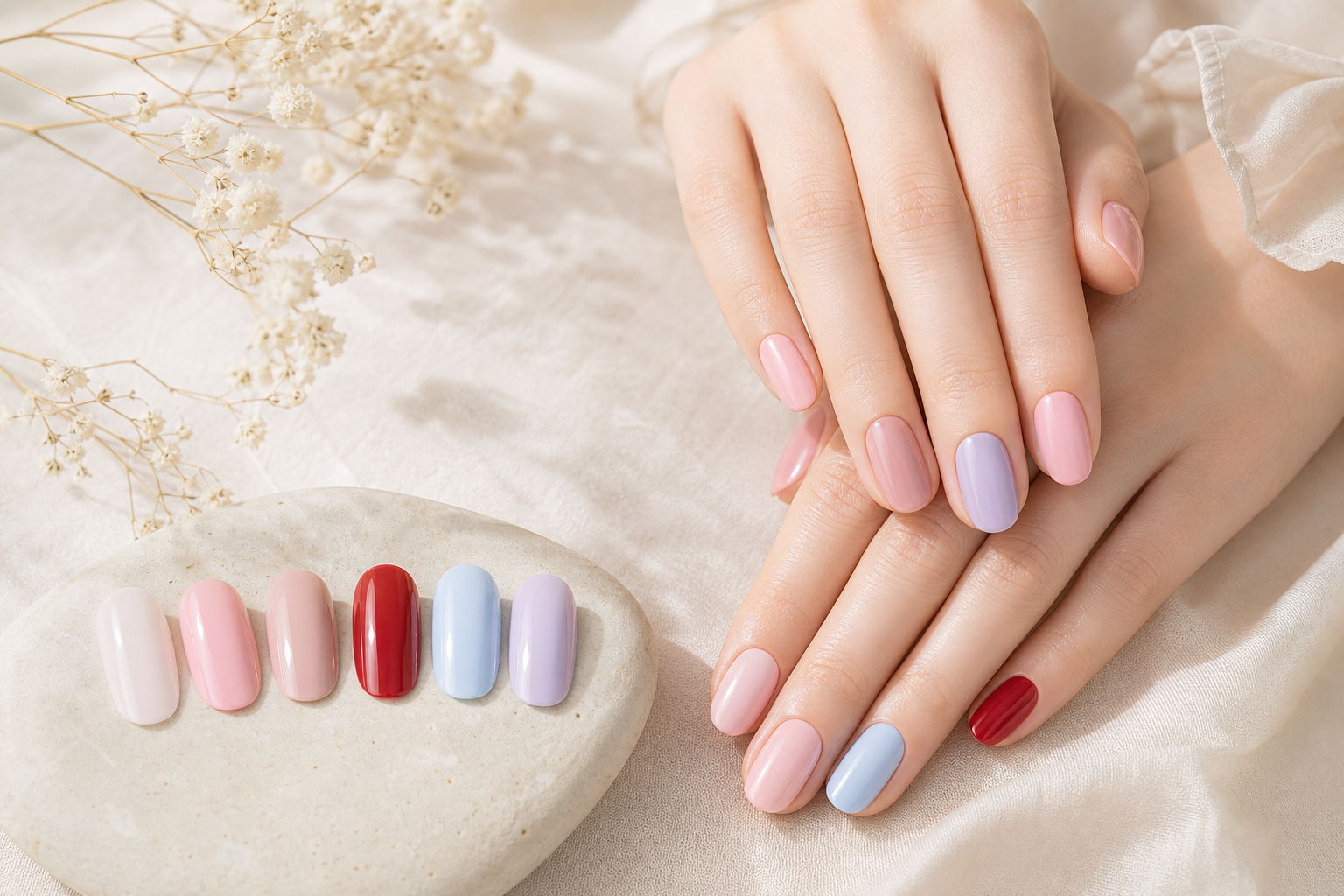 Gợi ý màu sơn móng cho da sáng như hồng sữa, nude hồng, đỏ cherry và tím lavender.