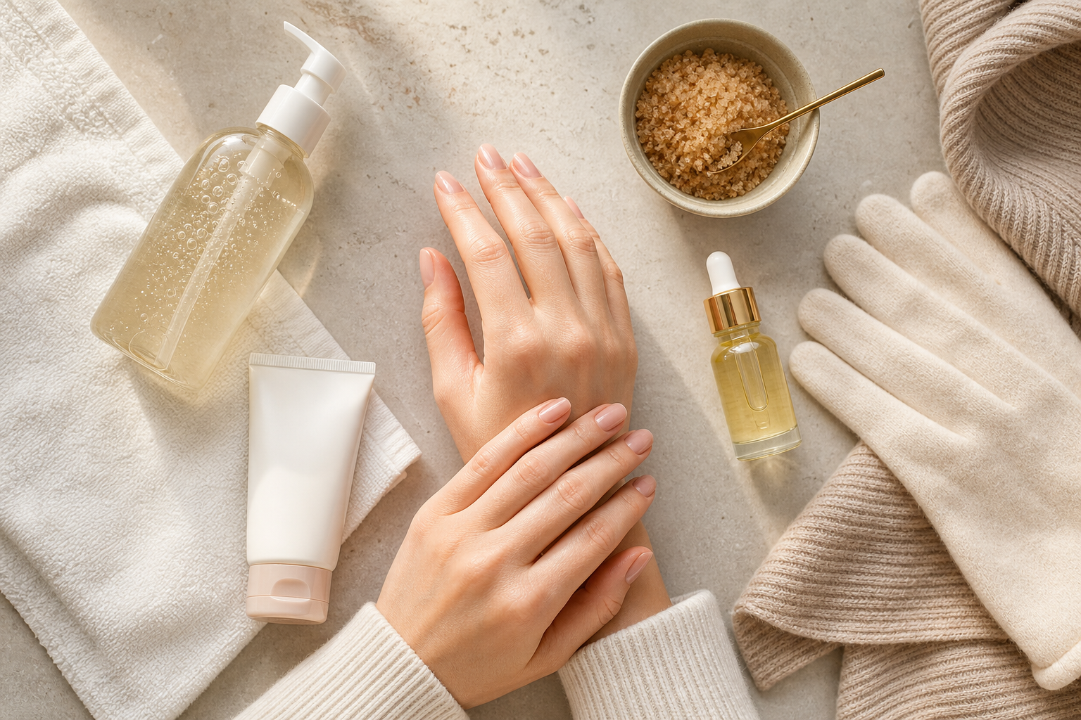 Bộ sản phẩm dưỡng da tay mùa đông gồm kem dưỡng, dầu dưỡng móng và găng cotton