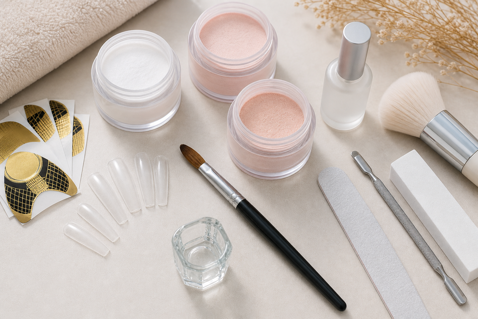 Bộ dụng cụ chuẩn bị đắp bột nail gồm bột acrylic, cọ, form giấy, dũa và buffer