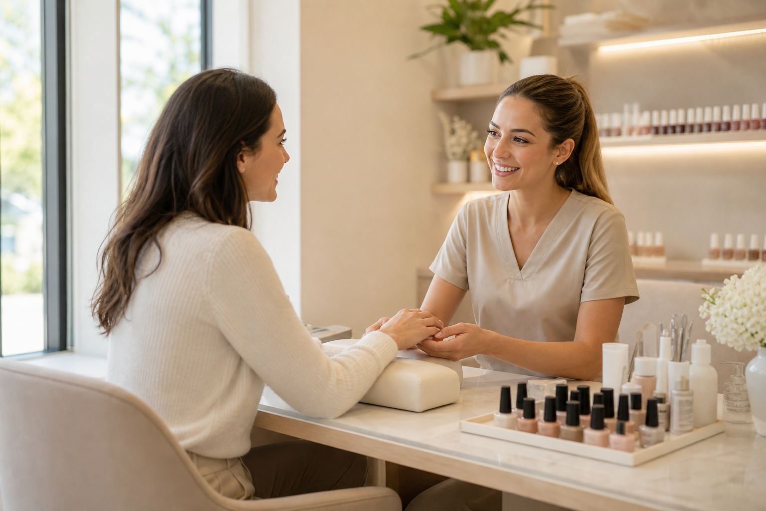 Thợ nail chào hỏi và giao tiếp thân thiện với khách hàng tại bàn làm móng