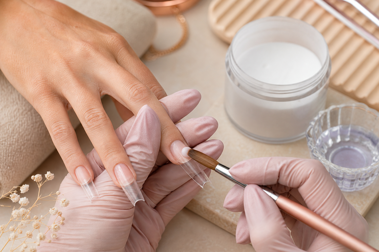 Kỹ thuật viên đang đắp bột acrylic để tạo form móng nối