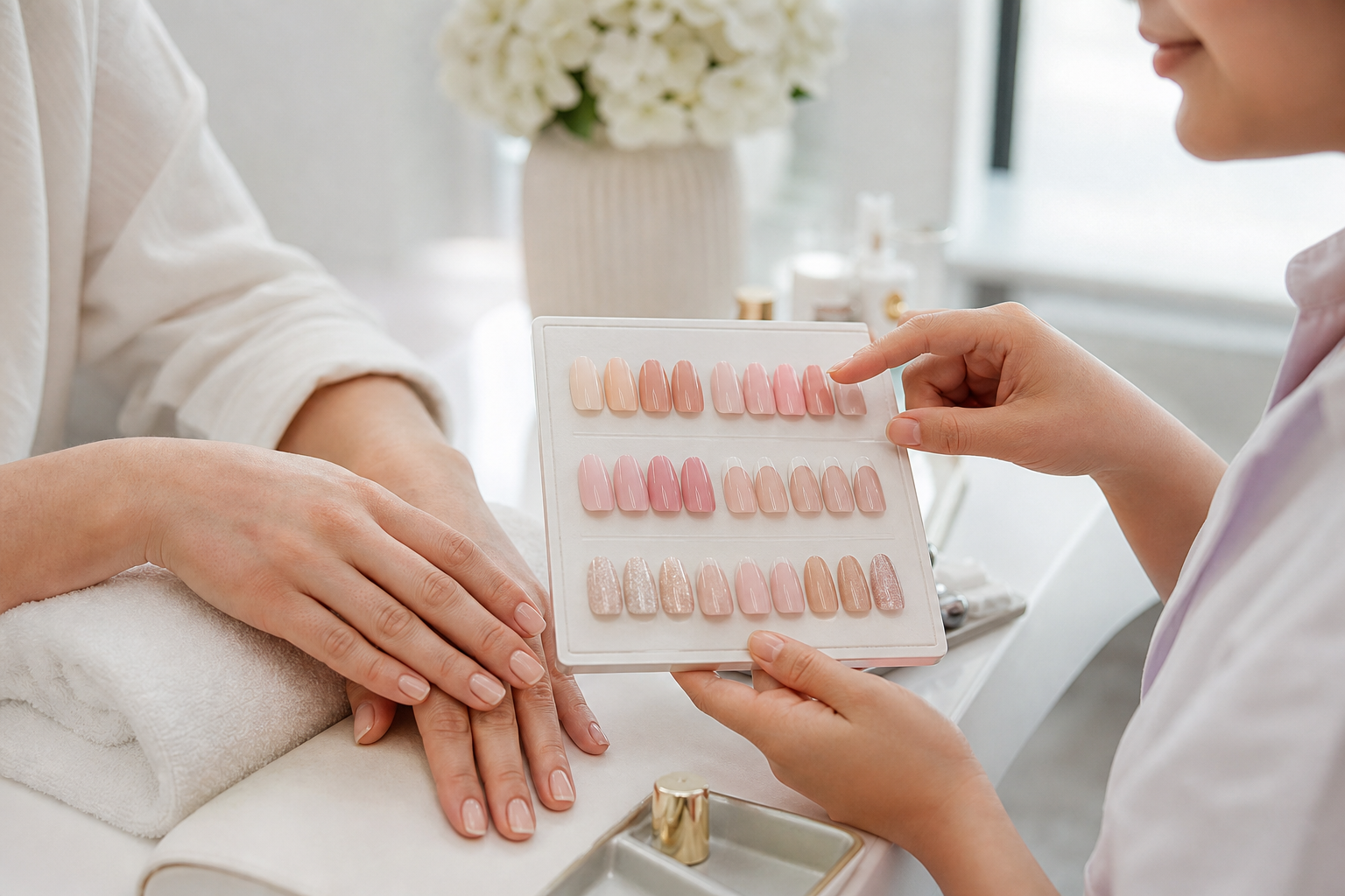 Thợ nail tư vấn bảng màu và mẫu móng phù hợp cho khách hàng