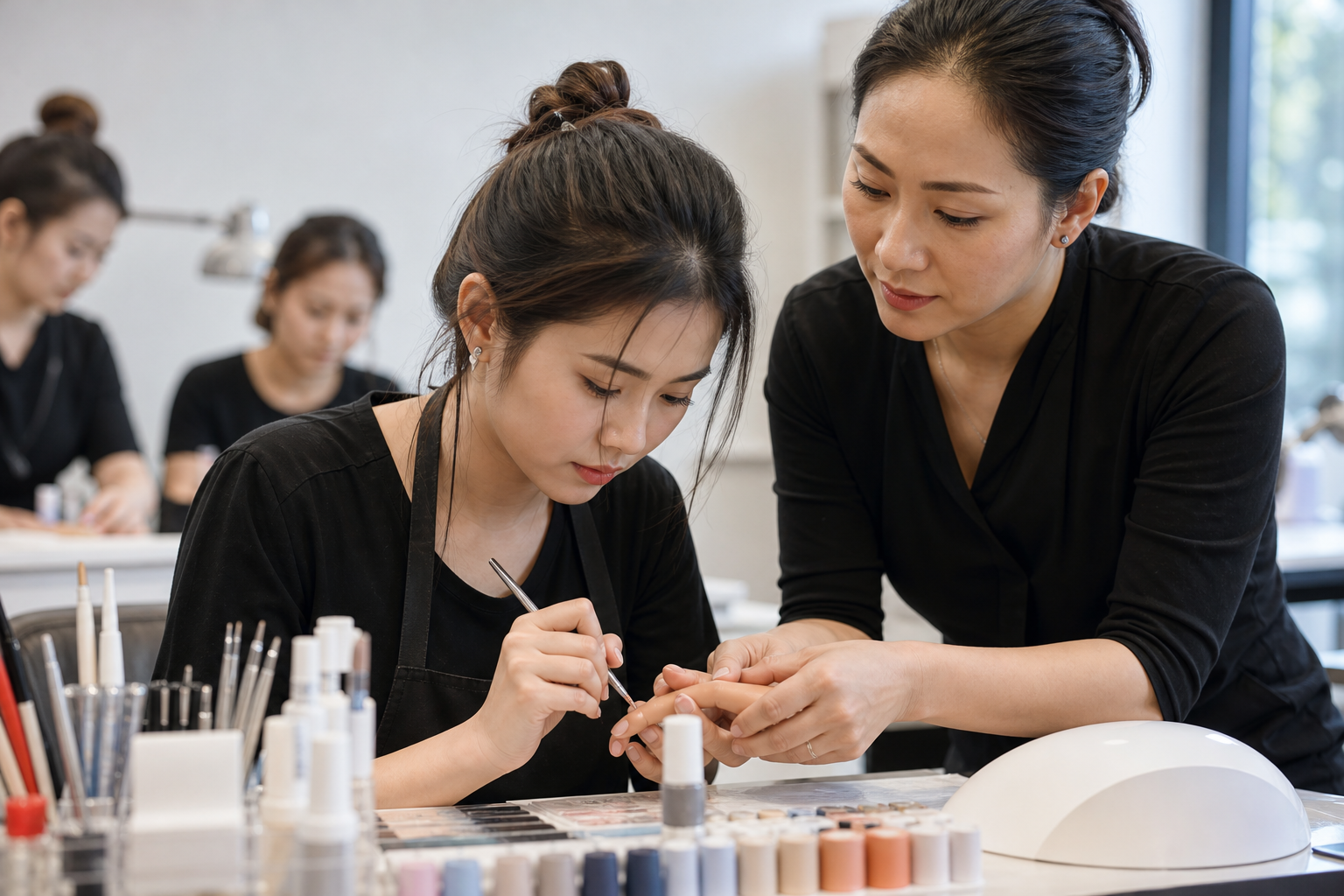 Học viên nail kiên trì luyện tập kỹ thuật dưới sự hướng dẫn của giáo viên