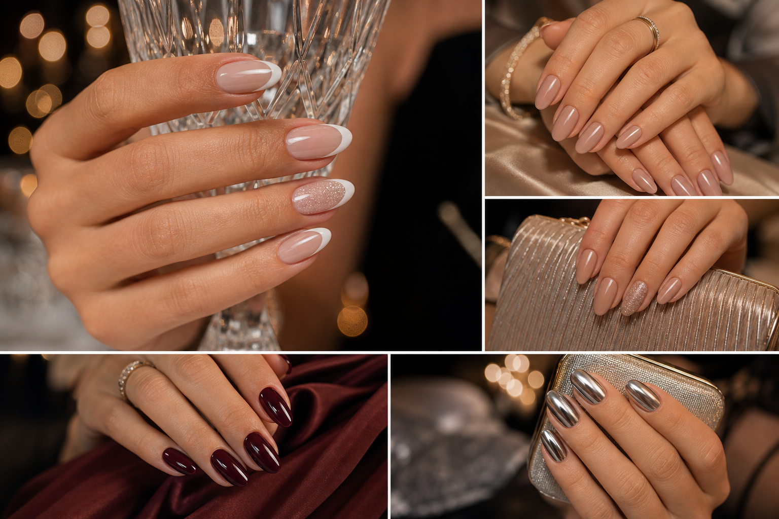 Các kiểu nail dạ hội thanh lịch như french, nude bóng, đỏ rượu và chrome bạc