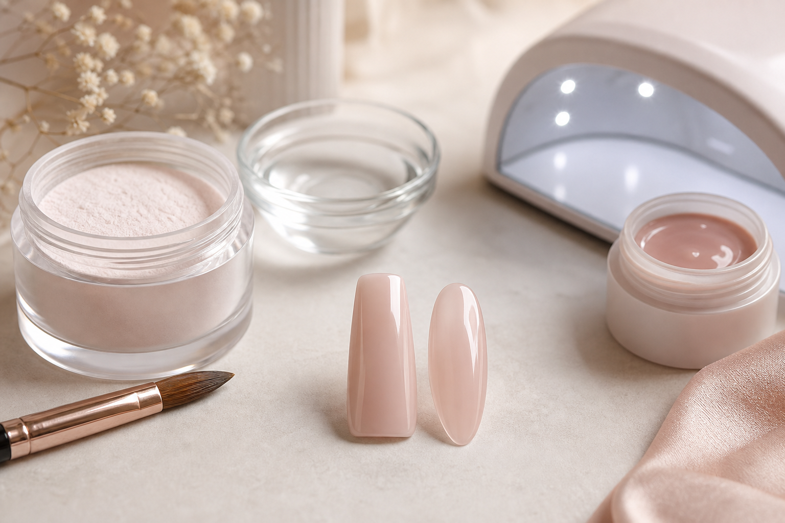 Bộ dụng cụ so sánh chất liệu bột acrylic và gel trong làm nail